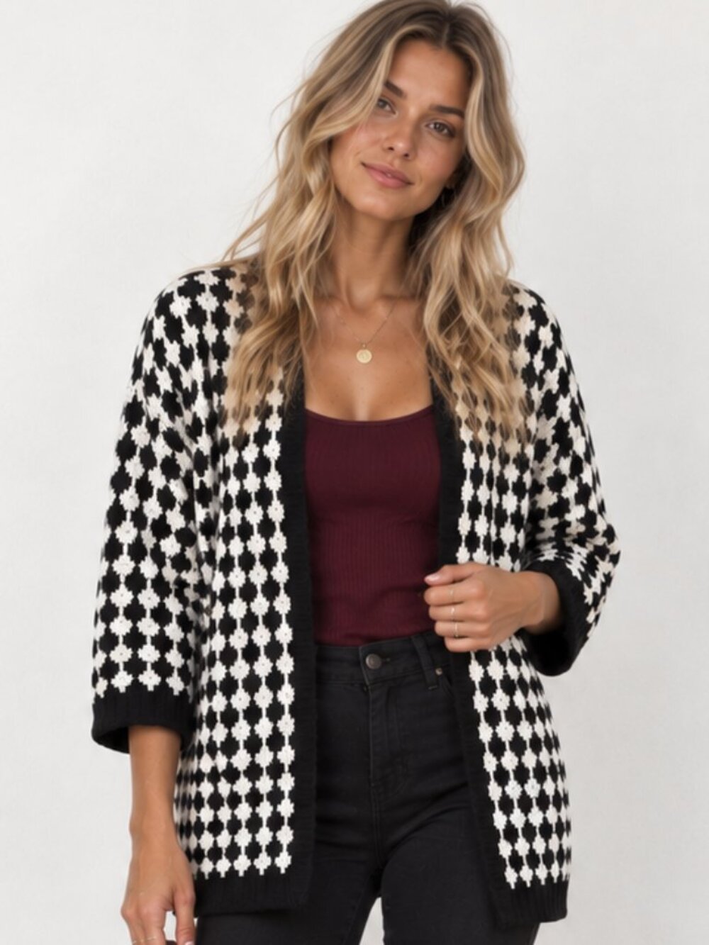 WORTHINGTON Black White Knitted Open Front Cardigan Dolman 3/4 Sleeve L EUC